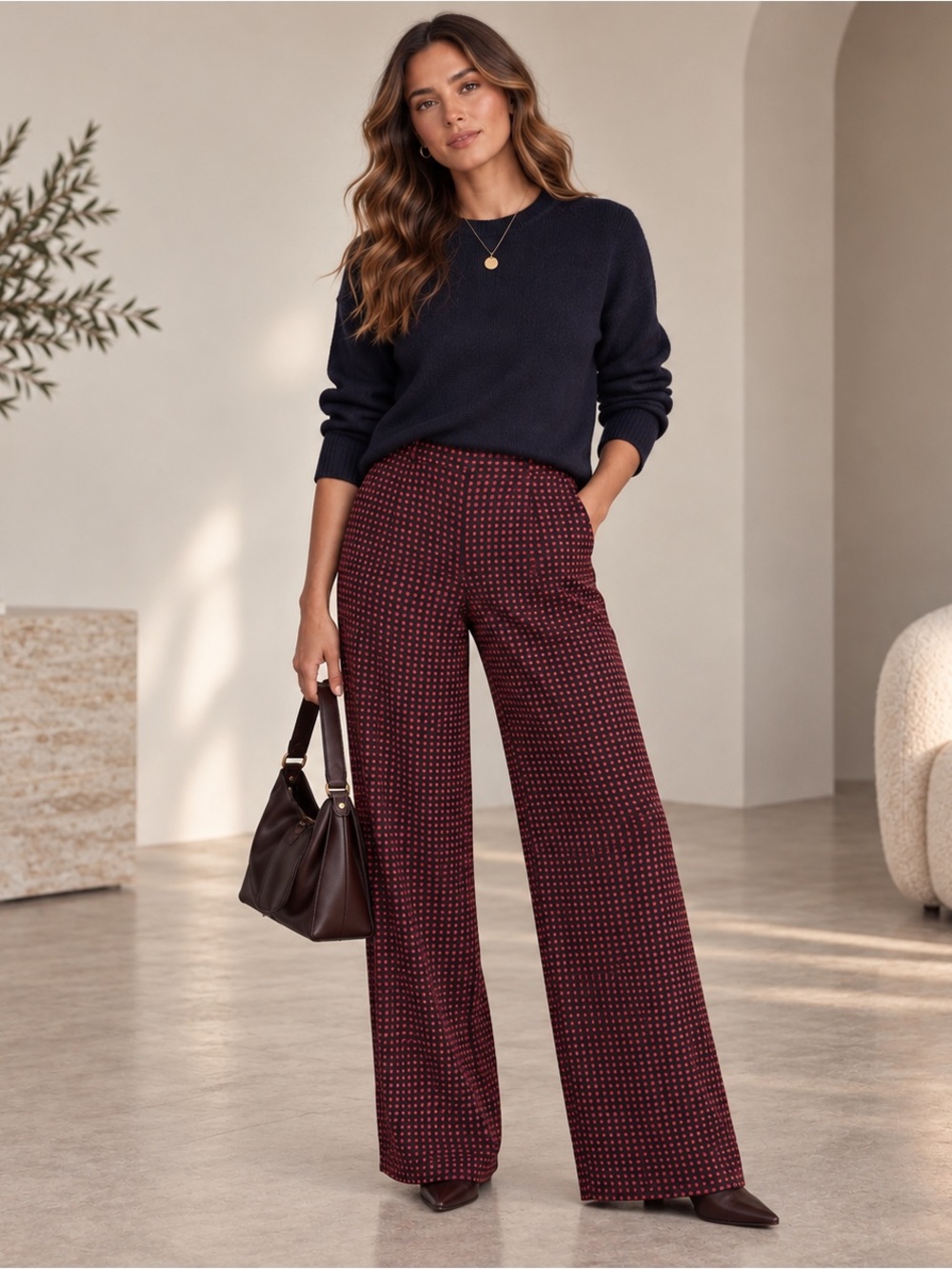 Banana Republic Hayden Wide Leg Satin Pants M Tall Burgundy Geo NWT $120